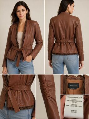 BCBG Max Azria Cognac Brown Leather Jacket Belted Open Front Size M